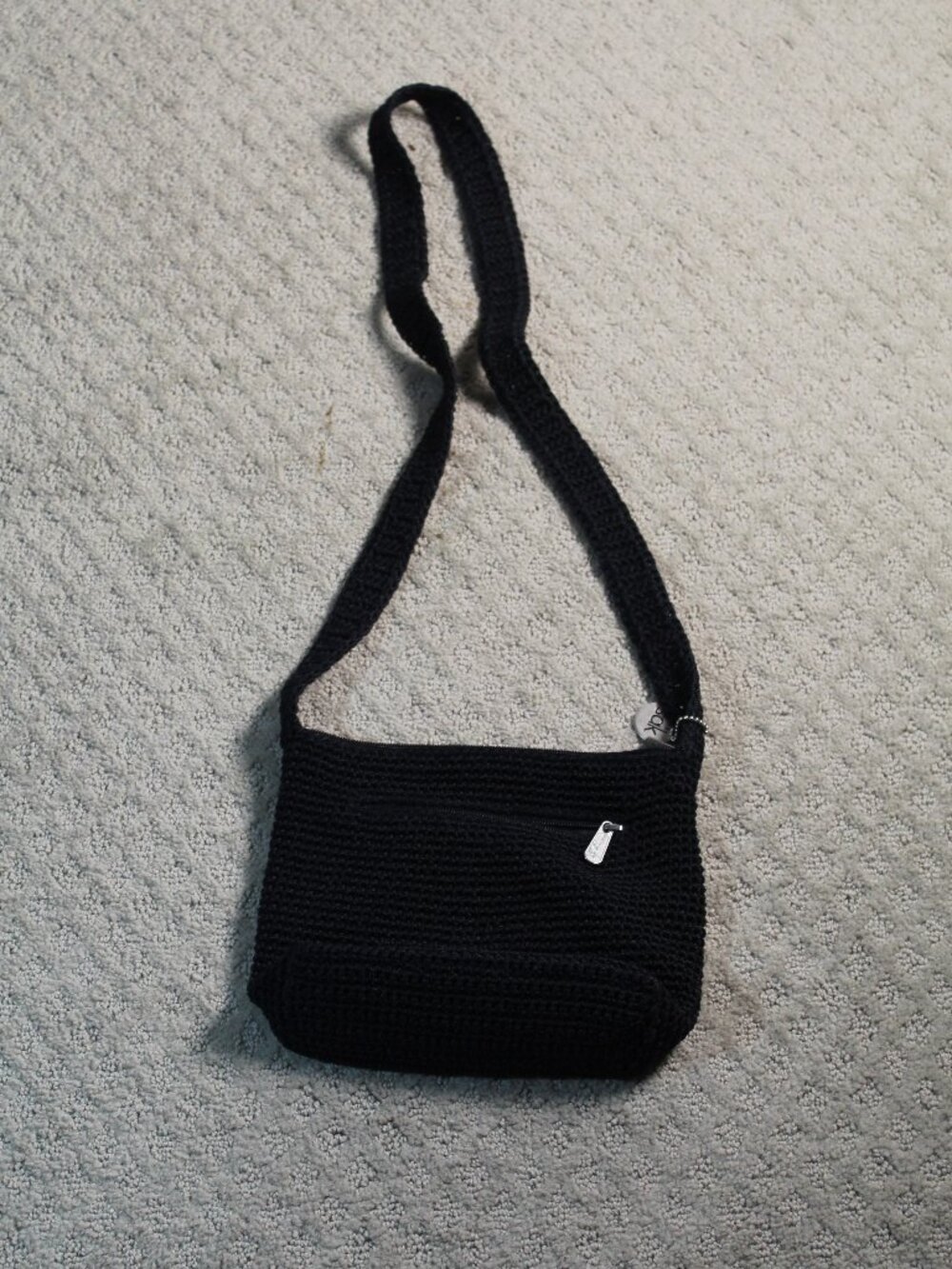 The Sak Black Handbag Shoulder Bag Purse Crocheted Nylon Strap Medium Size